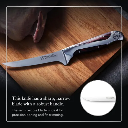 Vista 5 de Hammer Stahl Cuchillo de deshuesar de 6 pulgadas, acero alemán de alto carbono, hoja flexible curvada para deshuesar, filetear y recortar, mango