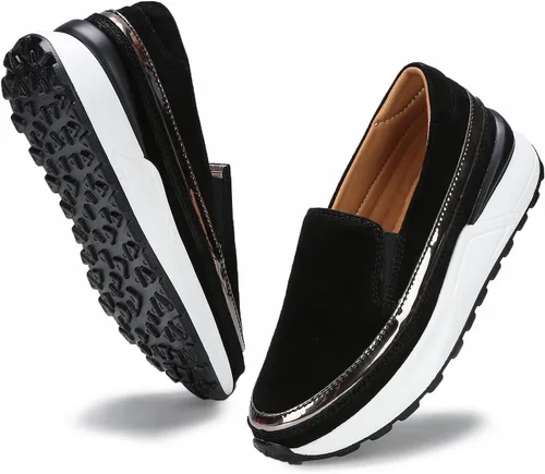 Vista 3 de Ruiatoo Zapatos de plataforma para mujer, cómodos mocasines de gamuza sin cordones, mocasines de cuña casuales