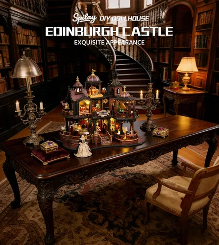 Vista 4 de Spilay Kit de Casa en Miniatura DIY, Casa de Muñecas Castillo de Edimburgo con Caja de Música y Cubierta Antipolvo, Kit de Rompecabezas de Madera 3D