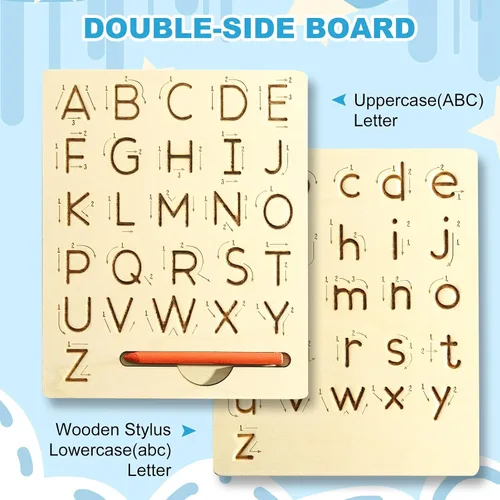 Vista 2 de Tabla de práctica de letras de madera, tabla de trazado reutilizable del alfabeto de escritura a mano de doble cara para niños pequeños y regalos
