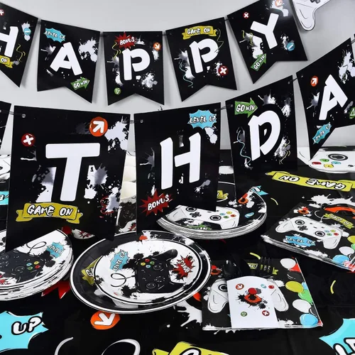 Vista 5 de WERNNSAI Decoraciones para fiestas de cumpleaños de videojuegos, 153 piezas, suministros de fiesta de videojuegos para niños, pancartas
