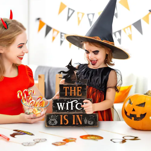 Vista 3 de Decoración de Halloween para interiores - Señales de bruja de madera rústica, decoraciones del hogar para cocina de granja, estante, sala de estar