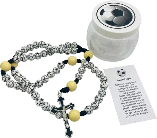 Vista 6 de Westmon Works Juego de cuentas de bola deportiva con rosario de fútbol con estuche protector y tarjeta de oración, collar católico con crucifijo