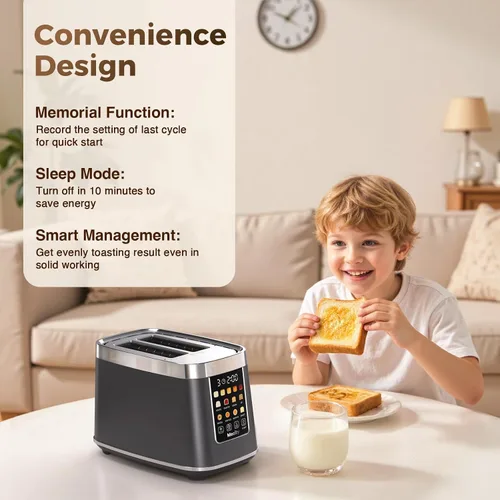 Vista 6 de Mecity Tostadora de 2 rebanadas con pantalla táctil y elevación automática, tostadora de acero inoxidable de tacto frío con 8 ajustes de pan, 5
