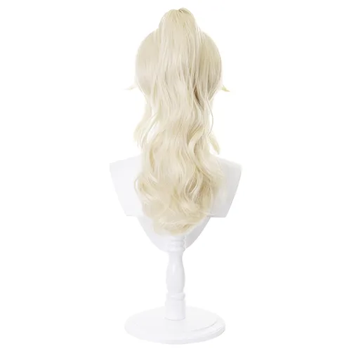 Vista 4 de Peluca rubia de jean para cosplay, disfraz de Halloween, pelucas de cola de caballo con clip para niñas