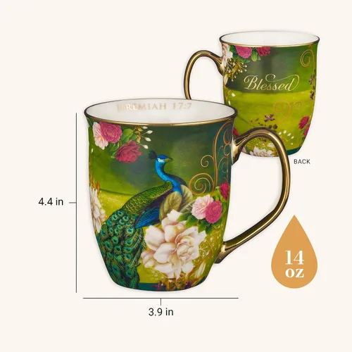 Vista 2 de Taza de café de cerámica azul pavo real de Christian Art Gifts con acentos dorados – Taza de 14 oz. libre de plomo y cadmio, taza inspiradora
