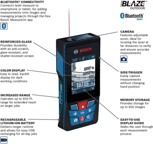 Vista 2 de BOSCH GLM400C Blaze - Medidor láser conectado al aire libre de 400 pies con visor, incluye 3 baterías AA, correa de mano y bolsa