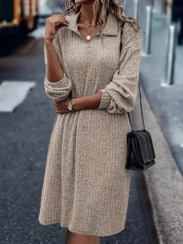 Vista 3 de Vodikar Women's Ribbed Knit Shift Midi Dress Fleece Quarter Zip Polo Neck Long Sleeve 2023 Fall Fashion Knitted Dresses