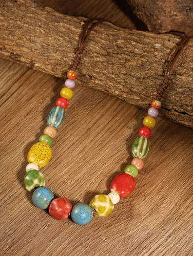 Vista 2 de MINACHI Hippie Boho - Collar de cuentas redondas de cerámica colorida, estilo bohemio, regalo de joyería para mujer