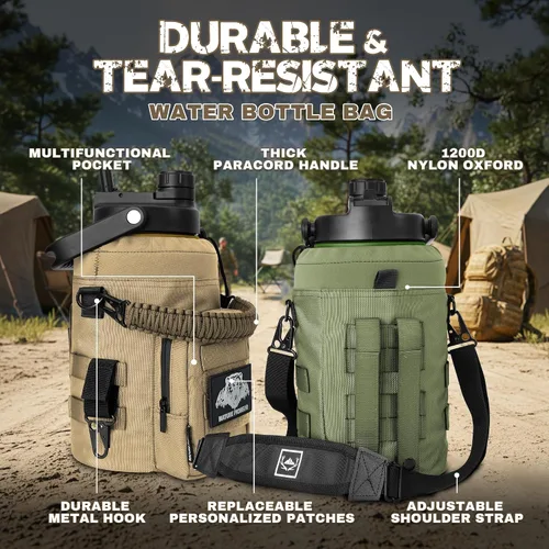Vista 3 de NATURE PIONEOR Botella de agua táctica de 128 oz/1 galón con bolsa para Marrón verde