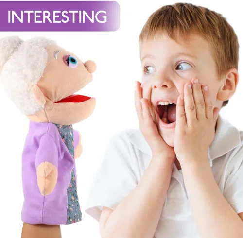 Vista 3 de Marioneta de mano para abuela, figura de miembro de la familia con boca móvil, marioneta de mano de felpa, juguetes de simulación, accesorios