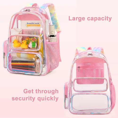 Vista 5 de CAMTOP Mochila transparente resistente y transparente para estudiantes, escuela, trabajo, festival, viajes, deportes, Rosado, Camtop Mochila