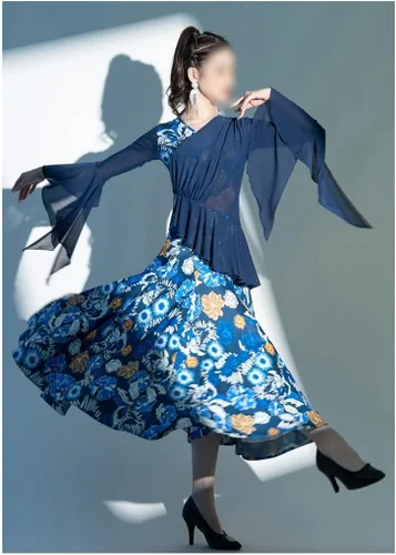 Vista 3 de DANN Flora - Disfraces de baile de malla, manga larga, vestido de baile de tango Foxtrot