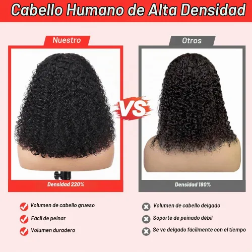 Vista 2 de FIRIEYA - Peluca Bob rizada de pelo humano, 220 densidad, 13x4 encaje frontal HD, pelo humano prearrancado, rizado profundo, sin pegamento, pelucas