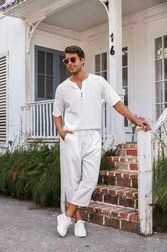 Vista 4 de COOFANDY Conjunto de 2 piezas de lino para hombre, camisa Henley de manga corta y pantalones capri harén, pierna ancha, holgados, pantalones de yoga
