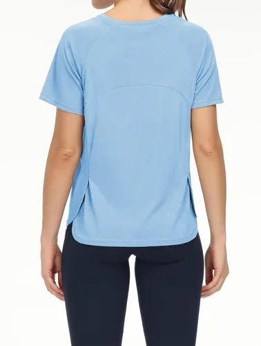 Vista 4 de THE GYM PEOPLE Camisetas de entrenamiento de manga corta para mujer, camisetas de yoga transpirables con aberturas laterales