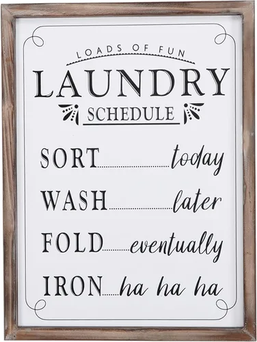 Vista 10 de Letrero de lavandería con símbolos de The Rules of Laundry para decoración y accesorios de lavandería con marco de madera rústica, decoración
