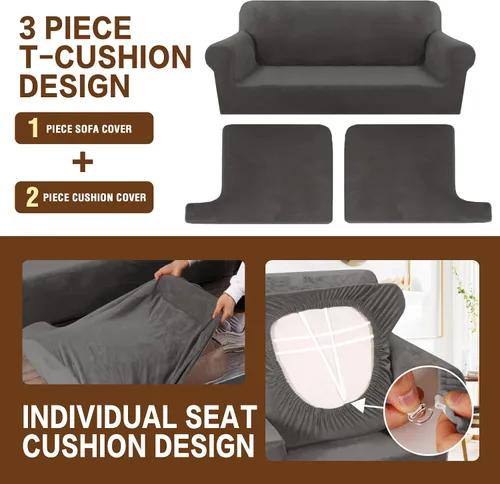 Vista 5 de NA - Funda de terciopelo para sofá con cojín en T, 3 piezas, funda de sofá suave para sofá, protector de muebles con 2 asientos individuales en Gris