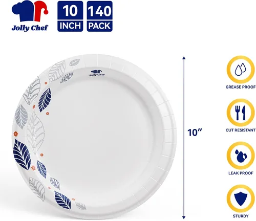 Vista 2 de JOLLY CHEF 140 platos de papel de 10 pulgadas, a prueba de remojo, a prueba de cortes, platos de papel desechables impresos de hojas resistentes