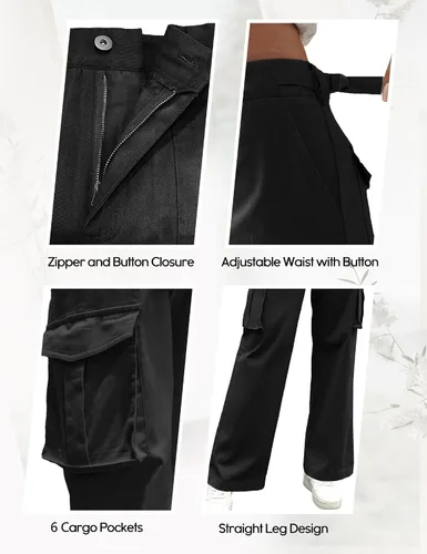 Vista 5 de DIBAOLONG Pantalones cargo para mujer, cintura alta, pantalones casuales de pierna ancha, pantalones Y2K, pantalones holgados militares, 6 bolsillos
