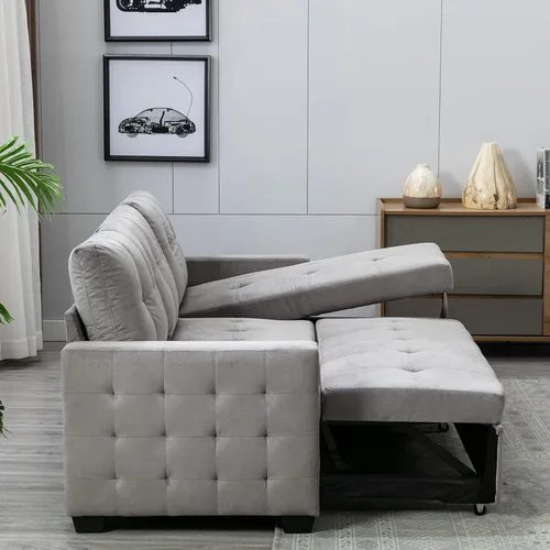 Vista 5 de Sofá modular con cama extraíble, sofá esquinero tapizado de terciopelo de 76.8 pulgadas con marco de madera maciza de 2 asientos y diván de Gris