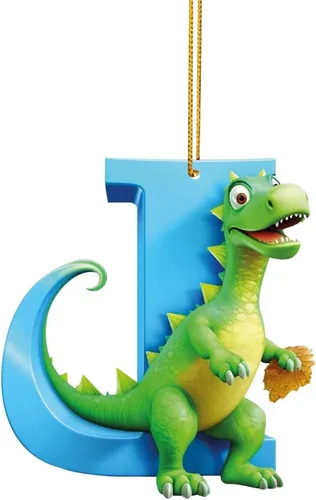 Vista 13 de Adorno de Navidad personalizado de dinosaurio de 26 letras, adornos colgantes 2023, monograma inicial de plástico, decoraciones de árbol de Navidad