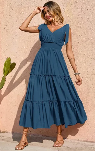 Vista 4 de Prettygarden Vestido largo de verano, con cuello cruzado, para mujer, sin mangas, escalonado, con tirantes fruncidos, para la playa, vestido largo