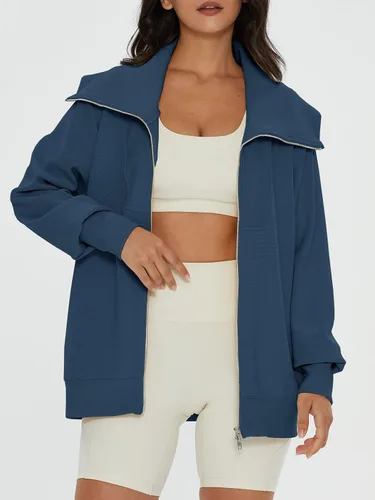 Vista 2 de DEEP SELF Sudaderas de gran tamaño con cremallera completa para mujer, chaqueta casual de manga larga con cuello 2023, ropa de moda de otoño