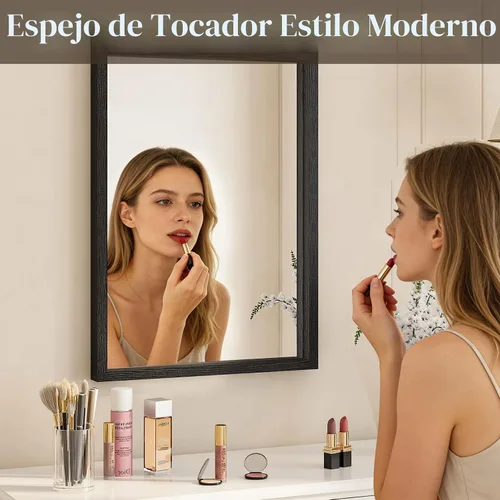 Vista 4 de Syndra Espejo de baño con marco de madera negra, 22 x 30 pulgadas, moderno espejo de tocador para pared, marco delgado y profundo impermeable Negro