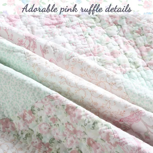 Vista 5 de Juego de ropa de cama reversible de algodón reversible de 3 piezas con diseño floral pastel de jardín de rosas, melocotón, verde, con volantes