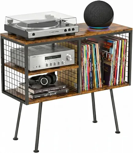 Vista 11 de Faesun Soporte para tocadiscos con almacenamiento para más de 100 discos de vinilo, soporte giratorio industrial con estante de almacenamiento