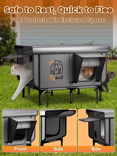 Vista 4 de Rywell Pro - Casa para gatos con calefacción para exteriores, refugio para gatos impermeable todo clima de PVC con marco reforzado, casa elevada