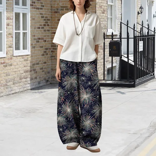 Vista 2 de Womens Wide Leg Firework Pattern Pants High Waist Cotton Blend Lantern Trousers Casual Summer Loungewear