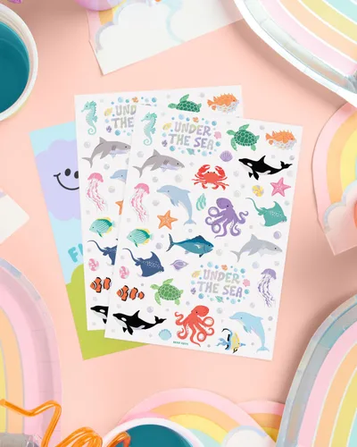 Vista 2 de xo, Fetti Tatuajes temporales de criaturas marinas subacuáticas - 64 estilos Suministros para fiestas de cumpleaños de animales del océano