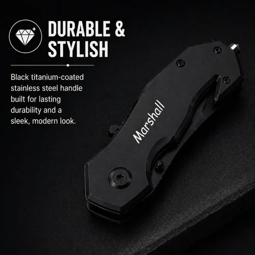 Vista 4 de GIFT INFINITY Navaja de bolsillo personalizada con grabado gratuito – Hoja de acero inoxidable media serrada, mango recubierto de titanio negro