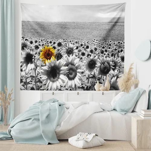 Vista 6 de Lunarable Tapiz moderno, campo de girasol, blanco y negro, una sola flor amarilla, paisaje, individualidad, decoración de tela para colgar