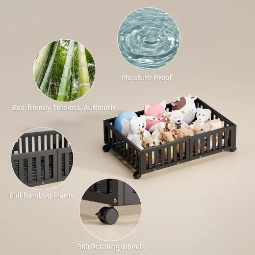 Vista 3 de Almacenamiento de bambú debajo de la cama con ruedas, caja organizadora de zapatos rodante debajo de la cama para zapatos, mantas, juguetes