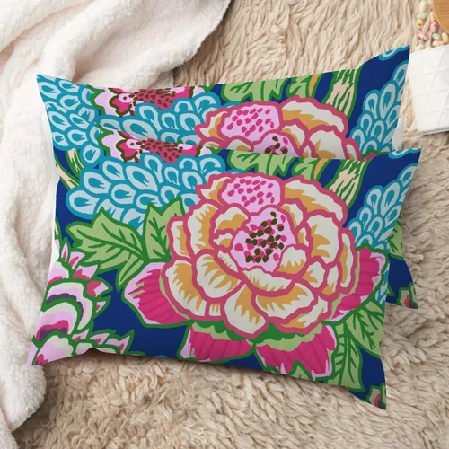 Vista 72 de Juego de 2 almohadas coloridas de estilo chinoiserie, color rosa intenso, azul real, peonía, floral, blanco, lino, estilo chinoiserie, para sofá
