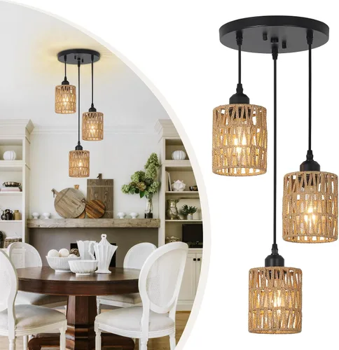 Vista 10 de LAMSU Lámparas colgantes de ratán de 1 luz, iluminación colgante bohemia de granja con pantalla tejida a mano de 4.7×5.9 pulgadas, pequeña lámpara