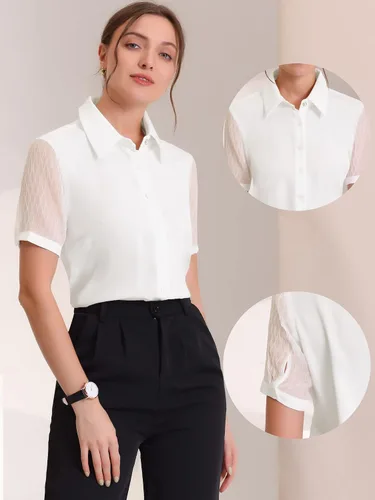 Vista 2 de Allegra K Camisa de trabajo con botones para mujer, manga corta, cuello de punto