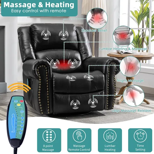 Vista 3 de MEETWARM Sillón reclinable giratorio de masaje con calor y vibración, mecedora manual mecedora, silla reclinable giratoria de 360° con control