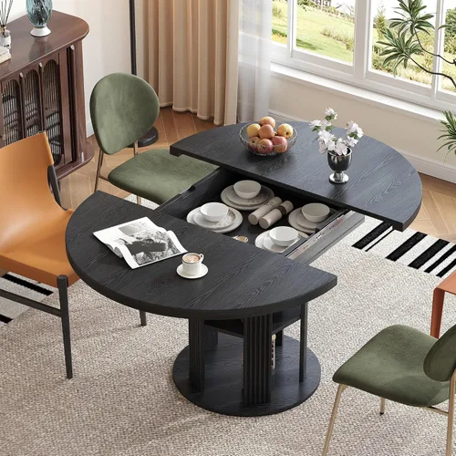 Vista 5 de Mesa de comedor extensible para 4-6, mesa de comedor ovalada de 43.3 a 59 pulgadas con estante de almacenamiento de 2 niveles, mesa de cocina