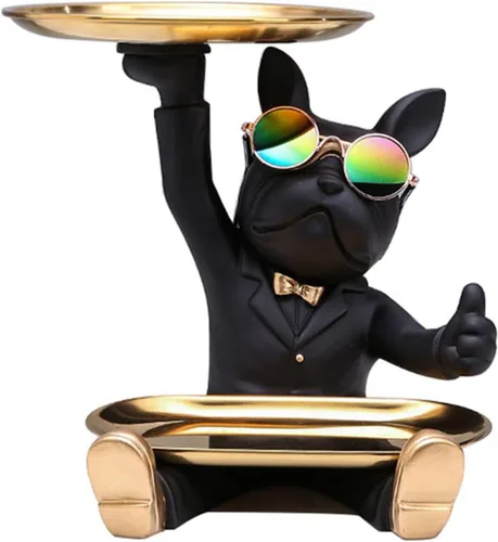 Vista 9 de Resin Bulldog Tray Statue Animal Sculpture Storage Bank Coin Dog French Table Home Candy for Decorations Home Decor Office Cute Butler Statues(Black)