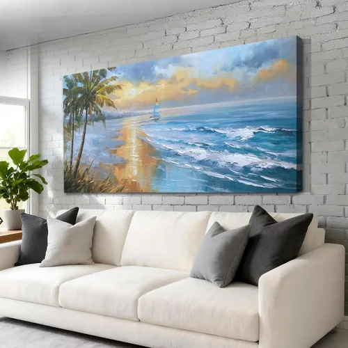 Vista 11 de Enartly Arte de pared texturizado 3D con ondas oceánicas para sala de estar, paisaje marino azul, velero, lienzo, pintura costera, obra de arte