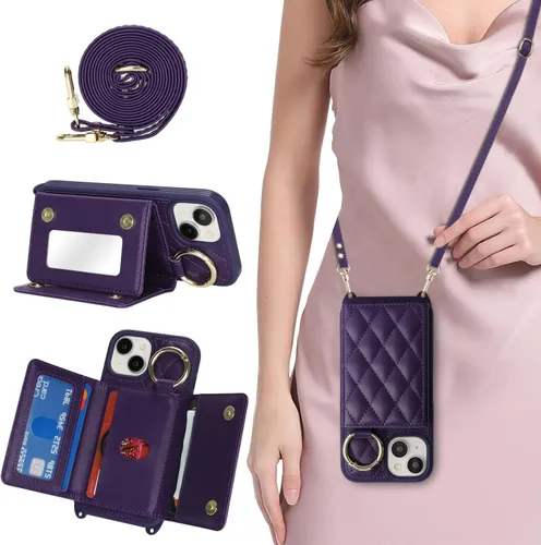 Vista 15 de Funda para iPhone 14 con tarjetero y correa para mujer, cordón cruzado, espejo de maquillaje, soporte de anillo, cierre a presión, bonitas fundas