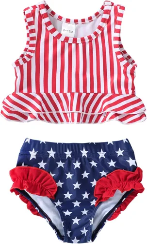 Vista 20 de YOUNGER TREE Traje de baño de verano para niñas pequeñas, sin mangas, traje de baño a rayas, traje de dos piezas, bikini
