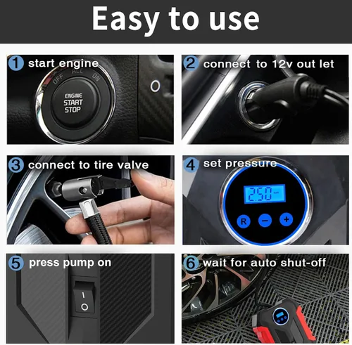 Vista 6 de Compresor de aire digital para bomba automática de coche, inflador de neumáticos portátil con luz LED DC 12V, rojo