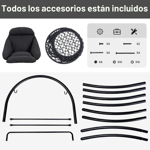 Vista 7 de ANOW Silla colgante con soporte incluido, hamaca resistente con soporte y cojín acolchado extraíble, máximo 400 libras, gris oscuro