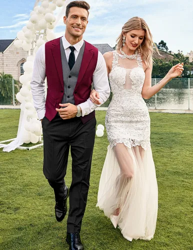 Vista 2 de COOFANDY - Chaleco de traje en capas para hombre, chalecos de vestir formales, chaleco de boda ajustado