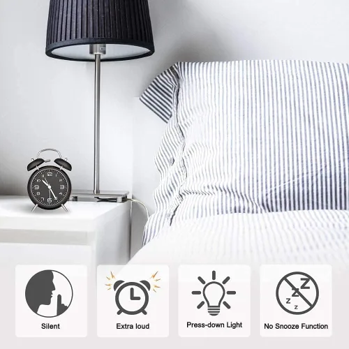 Vista 4 de Azyh Reloj despertador ruidoso para adultos que duermen pesados, de metal de 4 pulgadas, doble campana, funciona con pilas, para decoración de Negro